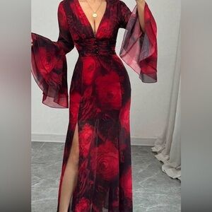 Elegant Red Floral Evening Dress